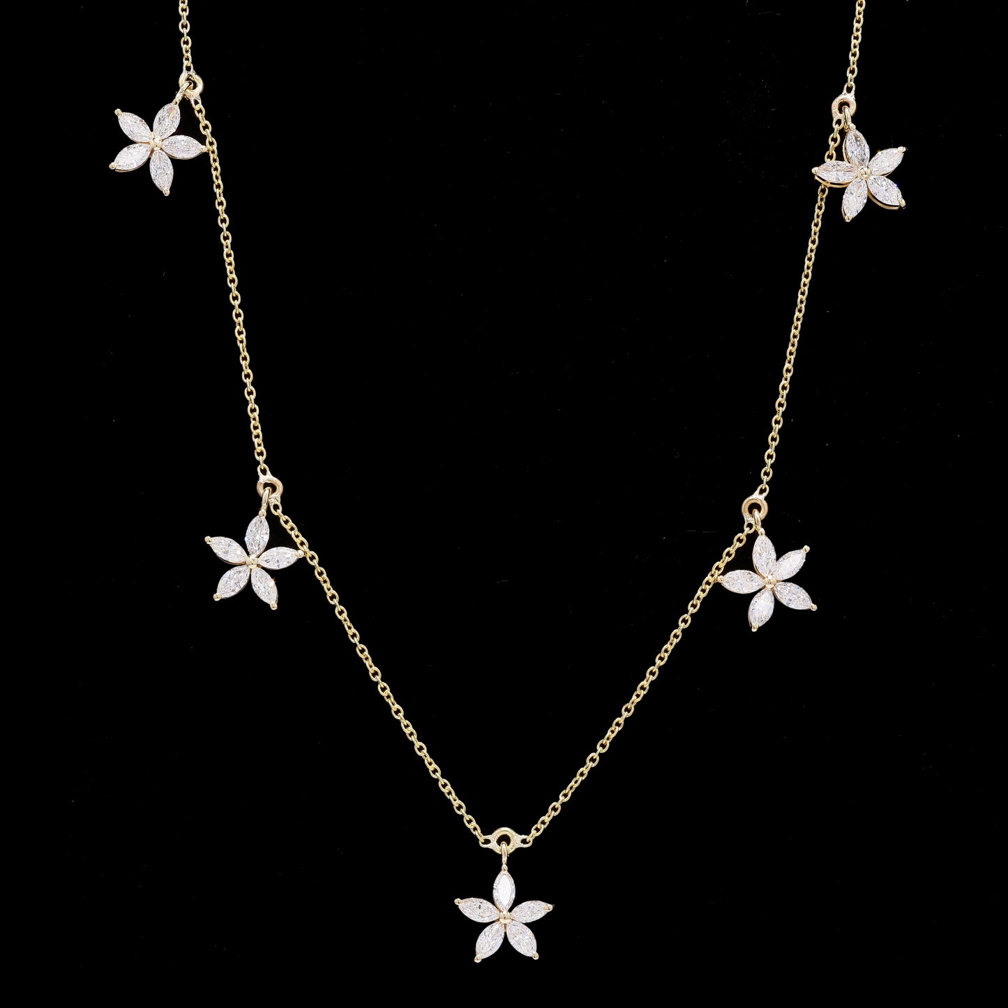 14k Gold Diamond Floral Necklace – Lab-Grown Diamond Chain with 5 Flower Charms (1.60 ct)