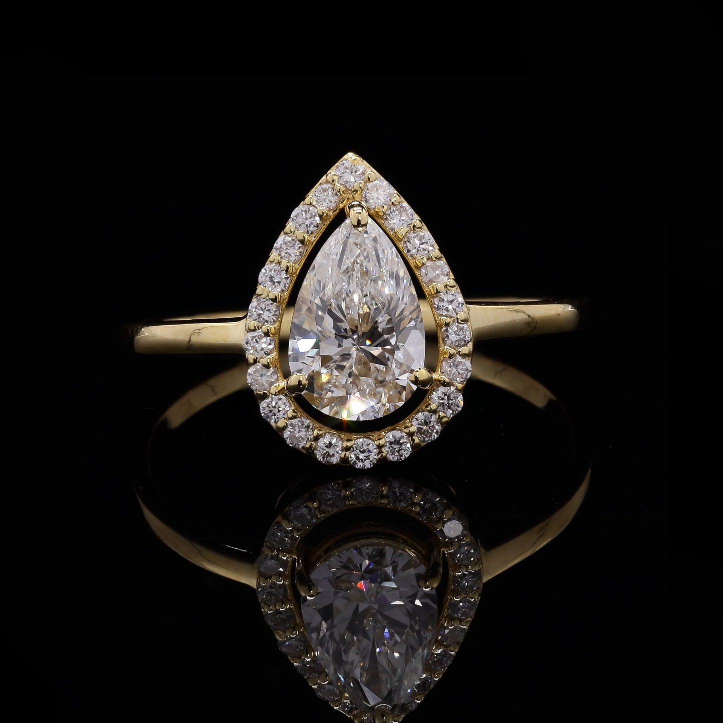 14k Gold Pear Cut Labgrown Diamond Halo Ring with Side Stones