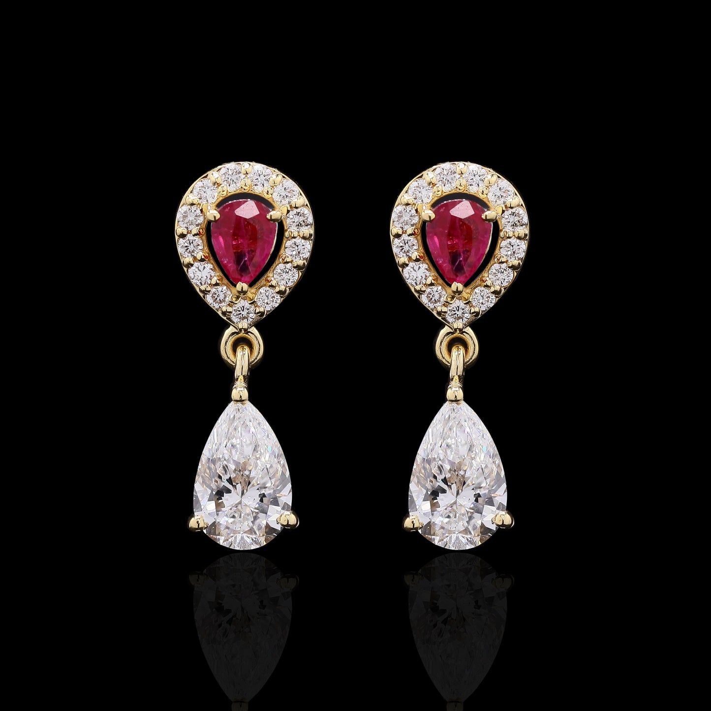 14k Gold Ruby & Diamond Tops – Halo Stud Earrings with Dangling Pear Diamonds (2.80 ct)
