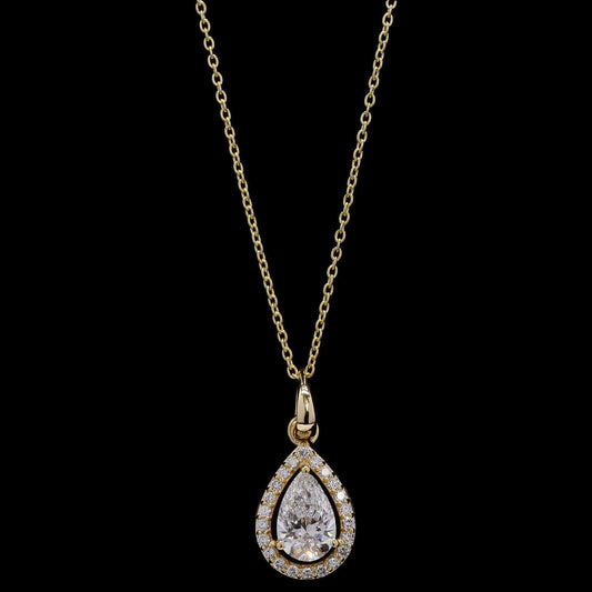 14k Gold Pear Shape Halo Diamond Necklace – Solitaire Pendant with Lab-Grown Diamonds (1.09 ct)