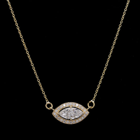 14k Gold Marquise Halo Diamond Necklace – Lab-Grown Solitaire Pendant with Halo (1.06 ct)