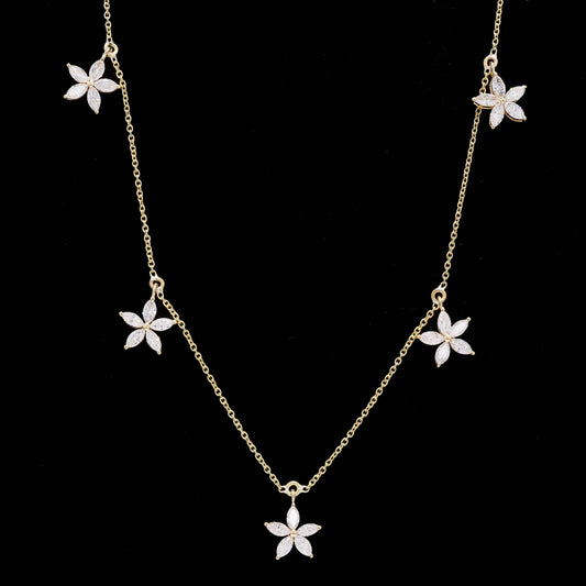 14k Gold Diamond Floral Necklace – Lab-Grown Diamond Chain with 5 Flower Charms (1.60 ct)