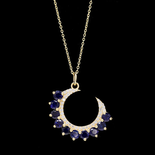 14k Gold Crescent Moon Necklace with Blue Stones & Lab-Grown Diamonds