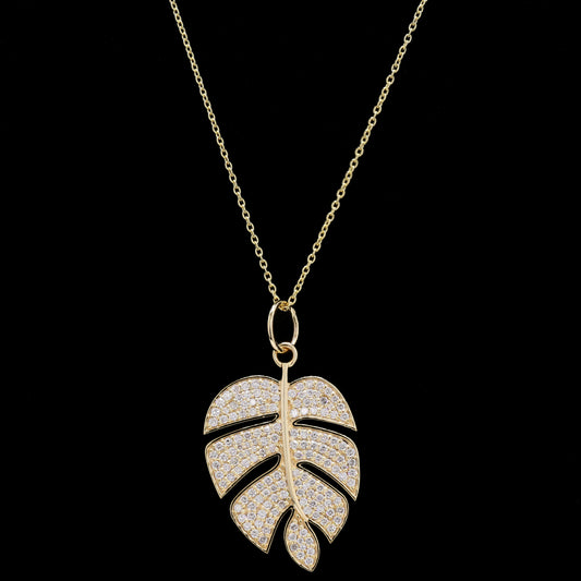 14k Gold Leaf Design Diamond Necklace – Nature Inspired Pendant with Lab-Grown Diamonds (0.48 ct)