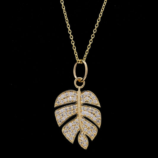 14k Gold Leaf Diamond Necklace – Pave Pendant with 155 Lab-Grown Diamonds (1.00 ct)