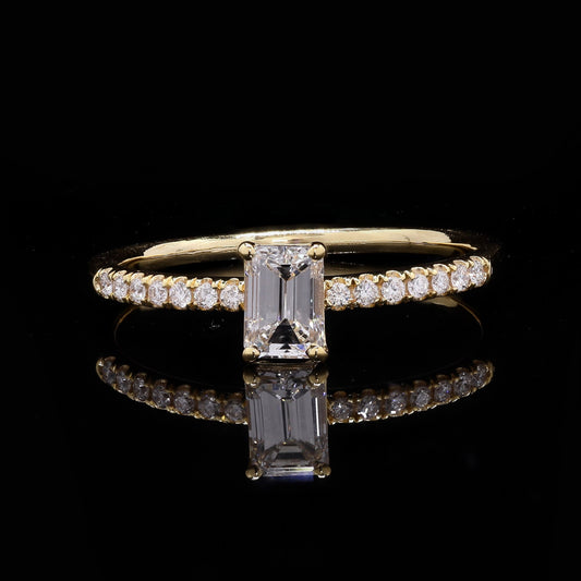Emerald Cut Diamond Ring with Pavé Band in 14K Yellow Gold – 0.50 CT