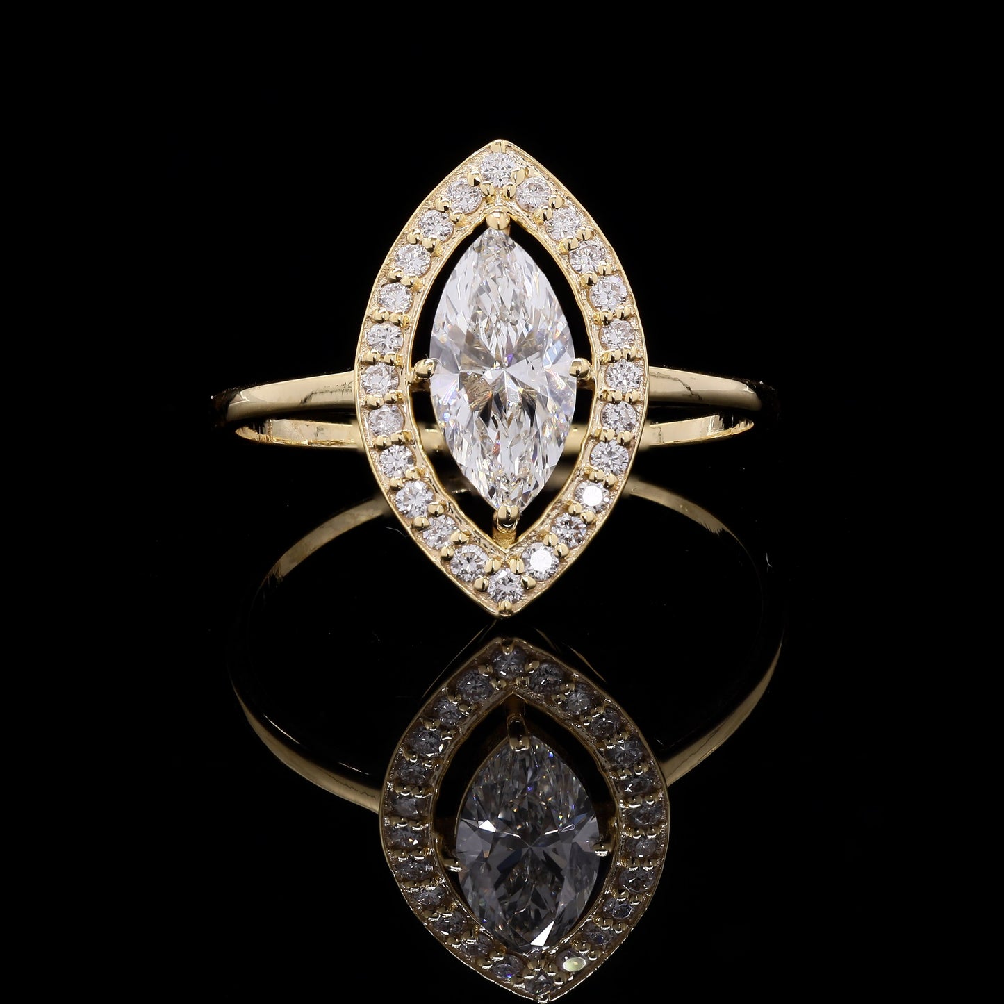 Marquise Cut Diamond Halo Ring in 14K Yellow Gold – 0.90 CT