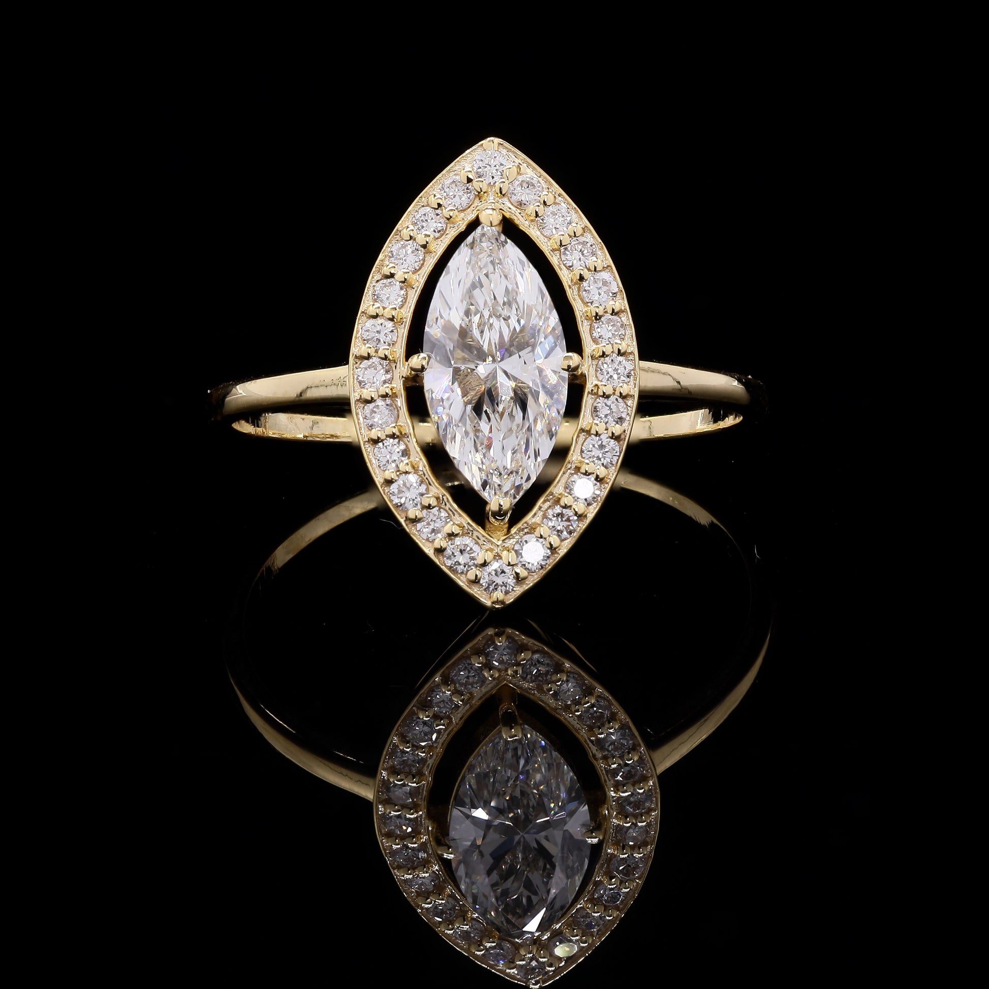 Marquise Cut Diamond Halo Ring in 14K Yellow Gold – 0.90 CT