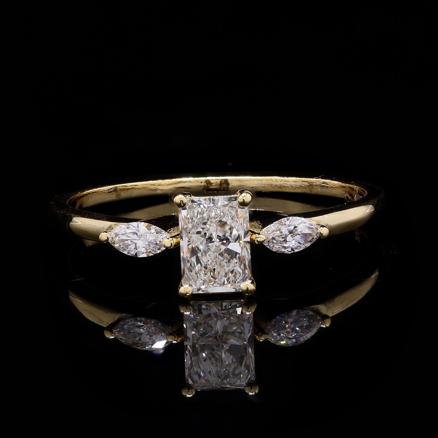 Three-Stone Radiant & Marquise Diamond Ring in 14K Yellow Gold – 0.75 CT