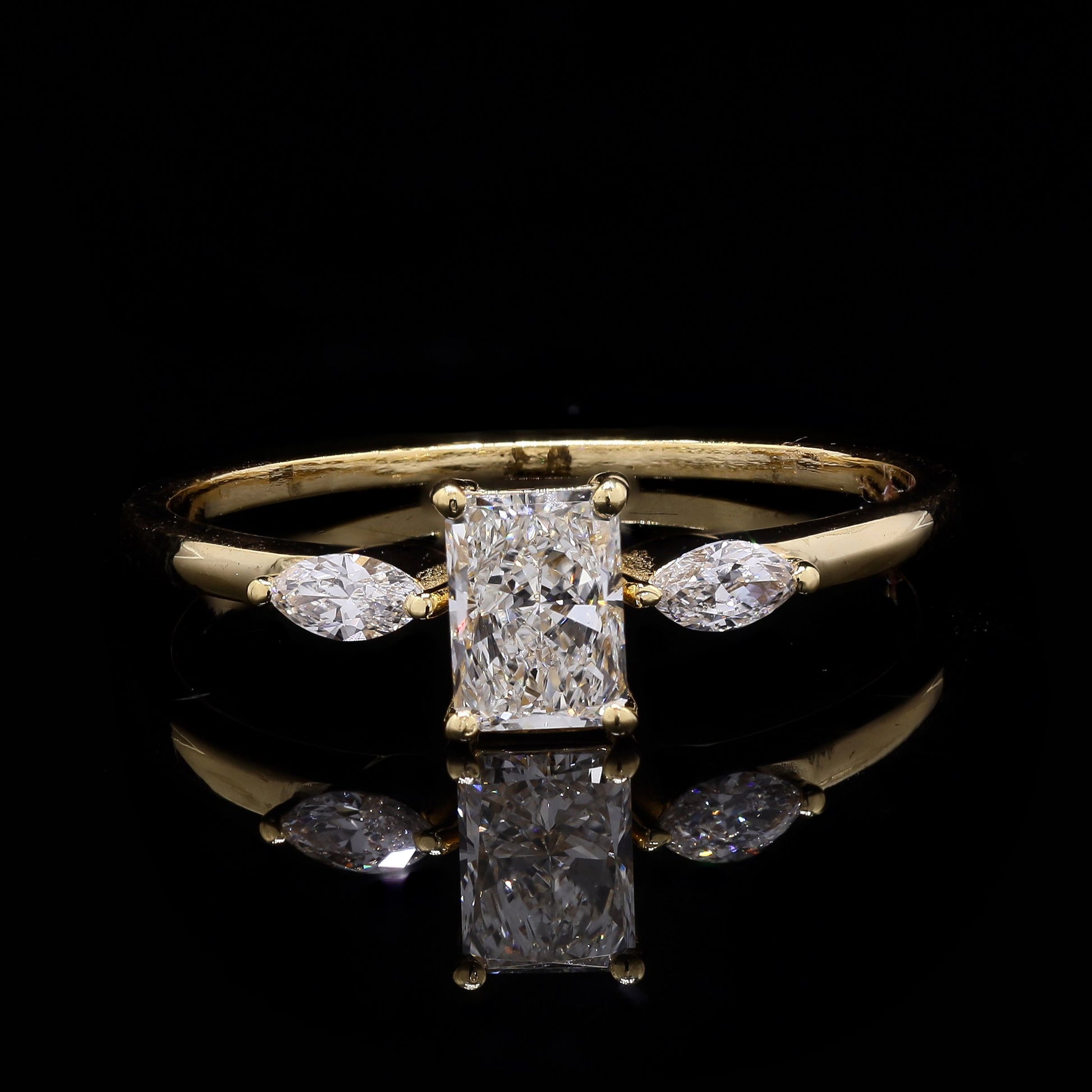 Three-Stone Radiant & Marquise Diamond Ring in 14K Yellow Gold – 0.75 CT
