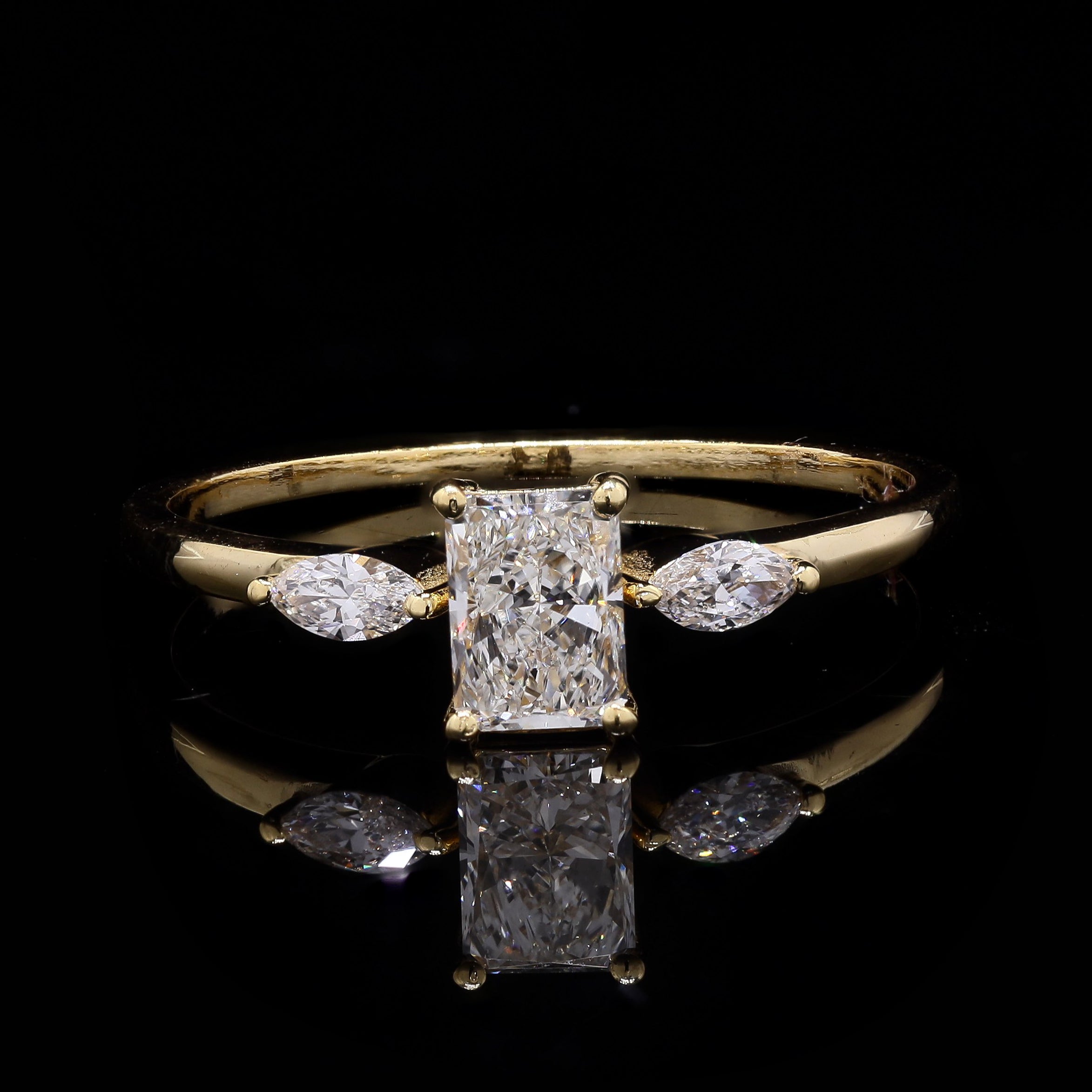 Three-Stone Radiant & Marquise Diamond Ring in 14K Yellow Gold – 0.75 CT
