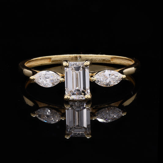 Three-Stone Emerald & Marquise Diamond Ring in 14K Yellow Gold – 0.55 CT