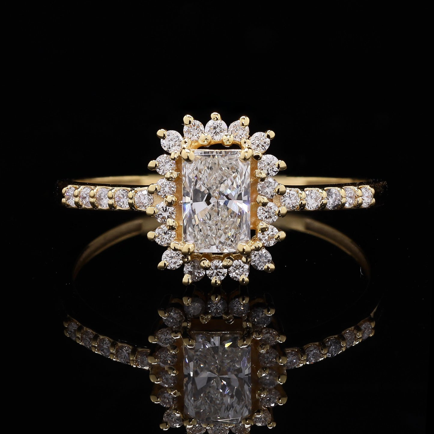14k Gold Emerald Cut Labgrown Diamond Halo Ring with Side Stones
