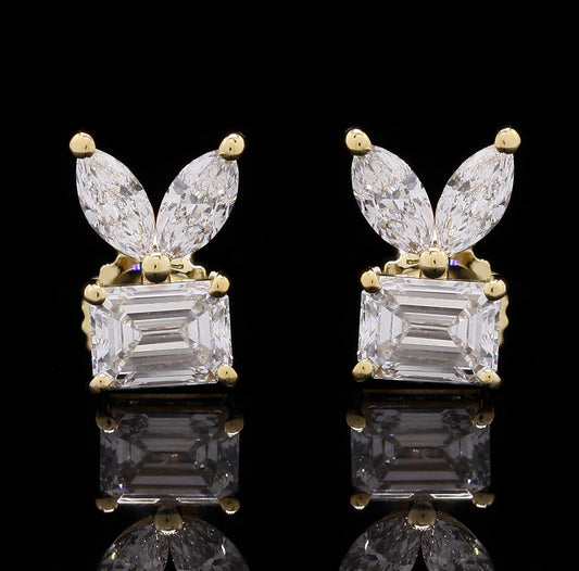 14k Gold Emerald & Marquise Cut Diamond Tops – Cluster Stud Earrings with Lab-Grown Diamonds (0.65 ct)
